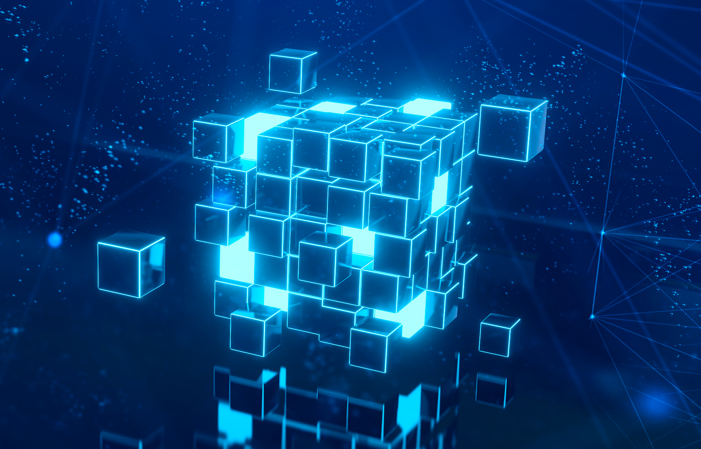 graphic of a abstract neon blue cube